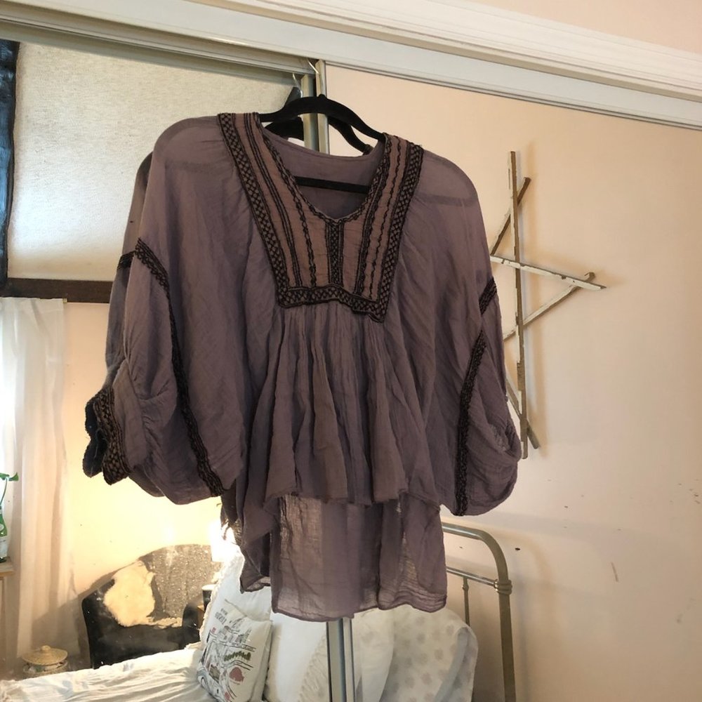Free People Mauve Embroidered Gauze Shirt/Blouse